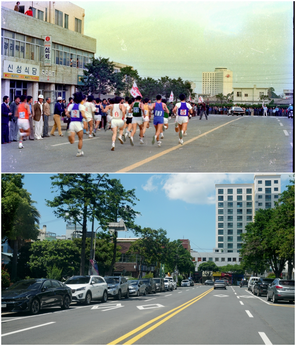 1980년 제주시청 앞 도로(위)와 현재(아래)의 모습